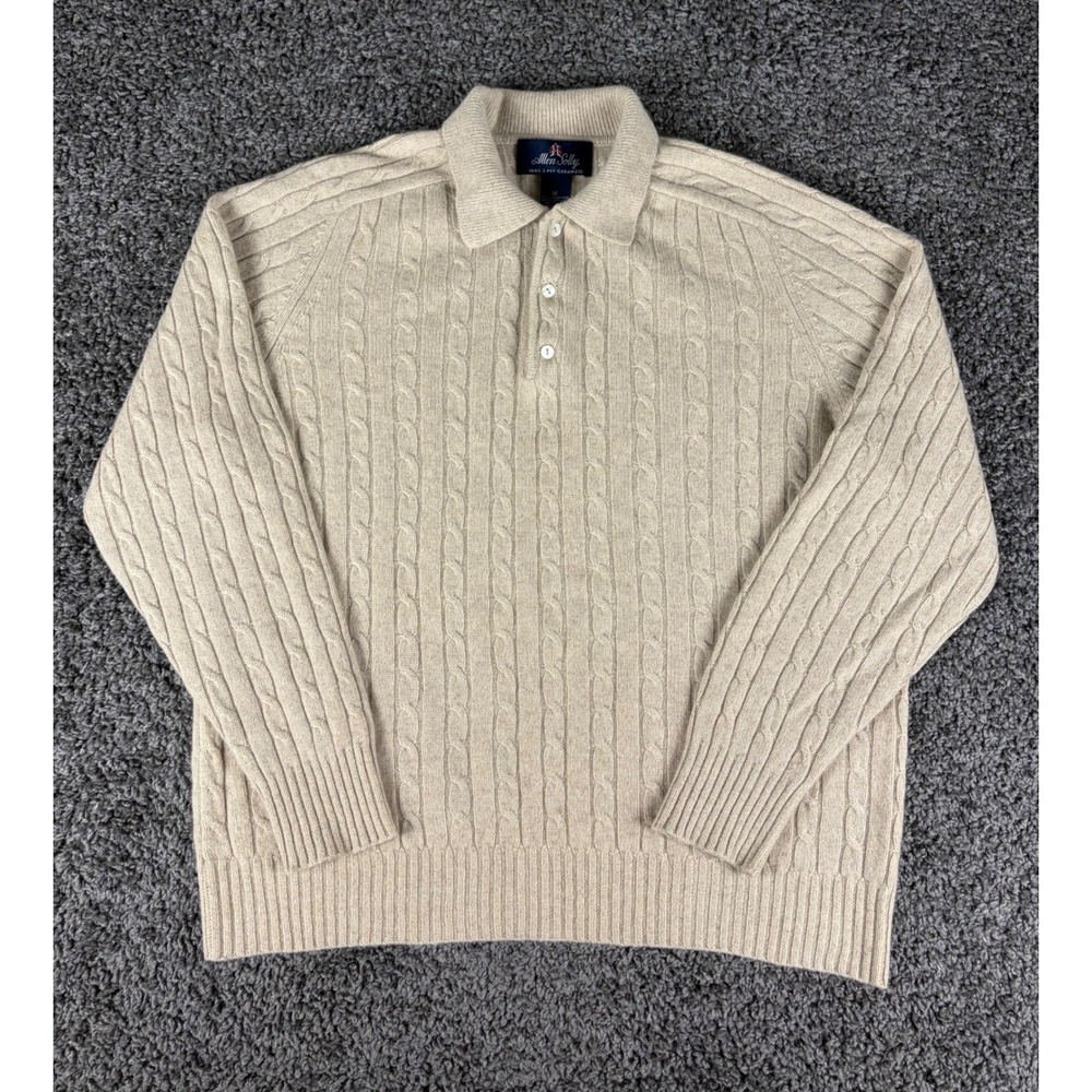 Allen Solly Mens 100% Cashmere Cable Knit Polo Sweater Beige Tan Medium